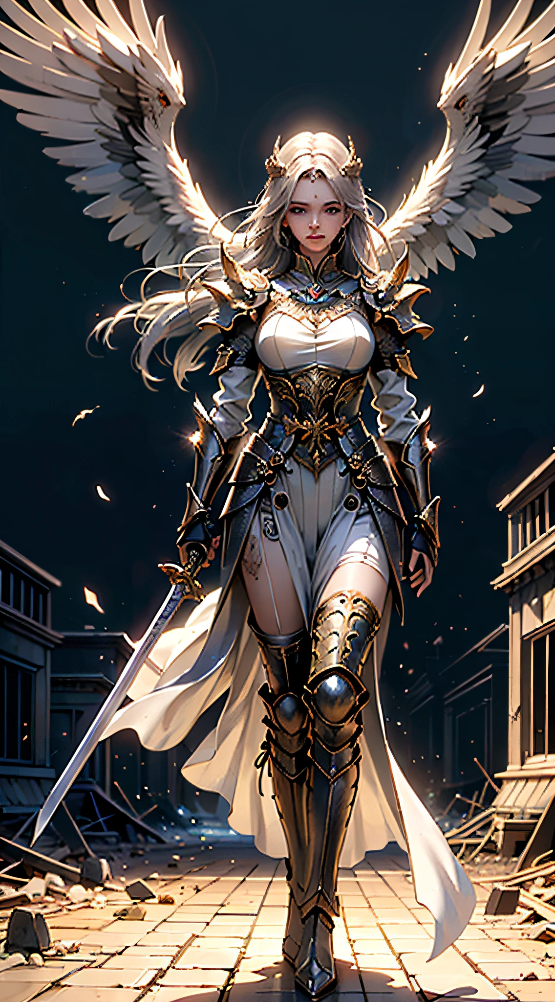 ((Woman, standing on a ruined building, close-up, realistic)) realistic visuals, artistic sophistication, captivating beauty, dramatic contrasts, 8k wallpaper, absurdity, incredible absurdity, golden armor, gadaxintai gaodanvshen, (holding silver sword)), hair floating in the air, ((in battle))