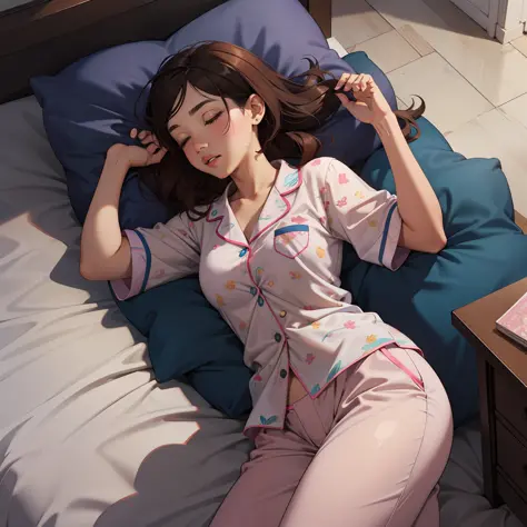 Sleeping girl, 22 years old, realistic, she is wearing long pants, she is wearing pink pajama, brown hair.