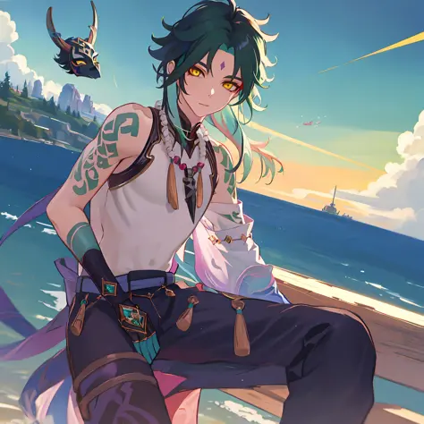 Masterpiece, best quality, 1boy, male focus, solo, Xiao (Genshin Impact), gloves, tattoo, arm tattoo, necklace, cloud, jewelry, mask, green hair, beaded necklace, multicolored hair, beads, yellow eyes, distracted looking, absurd, attractive, ultra high res...