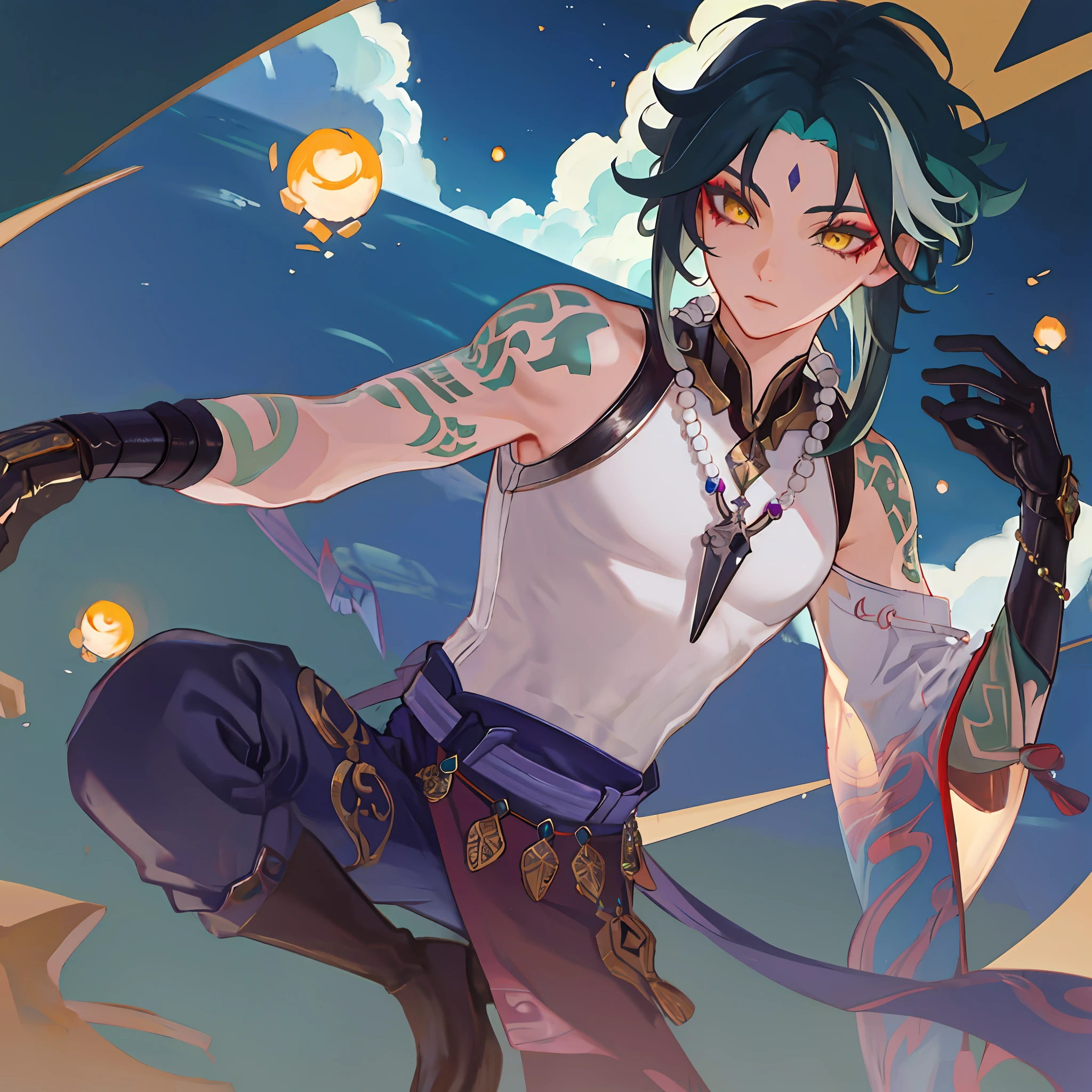 Masterpiece, best quality, 1boy, male focus, solo, Xiao (Genshin Impact), gloves, tattoo, arm tattoo, necklace, cloud, jewelry, mask, green hair, beaded necklace, multicolored hair, beads, yellow eyes, distracted looking, absurd, attractive, ultra high resolution, ultra realistic, highly detailed, (landscape background: 1.4), (kbxll: 0.6)