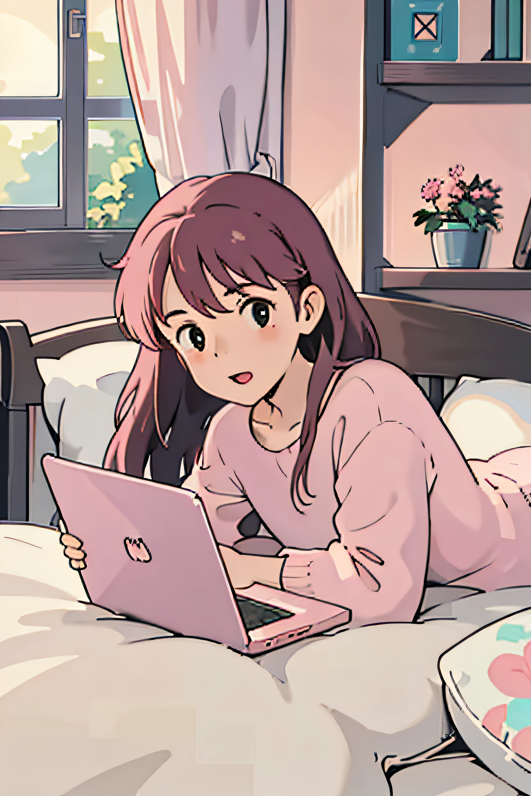 (Masterpiece: 1.4), (Best Quality: 1.4), (High Definition: 1.4), Girl, Pink Hair, Long Hair, One Girl, Lying in Bed, Laptop Open, Mobile, Houseplants, Bookcase, Lo-Fi,