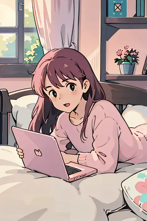 (Masterpiece: 1.4), (Best Quality: 1.4), (High Definition: 1.4), Girl, Pink Hair, Long Hair, One Girl, Lying in Bed, Laptop Open...