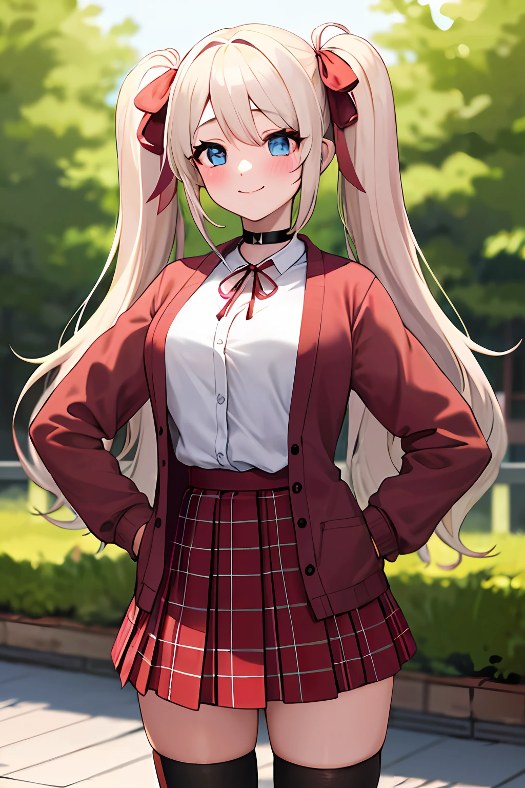 1girl, solo focus, young women, skin imperfection, light white skin, perfect face, puffy face, beautiful face, puffy eyes, blue eyes, big eyes, perfect eyes, eyelashes, long platinum blonde hair, bangs, makeup, blush, blush nose, glitter makeup on eyes, detailed anime soft face, pink clothes, highres, twintails, hair ribbon, long sleeves, red bow, pink cardigan, white thighhighs, red pink plaid skirt, red ribbon, black choker, school uniform, open shirt, outdoors, cowboy shot, standing, smile, hands behind back