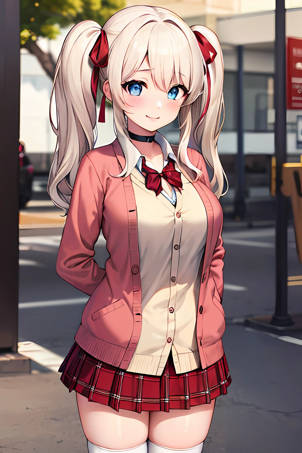 1girl, solo focus, young women, skin imperfection, light white skin, perfect face, puffy face, beautiful face, puffy eyes, blue eyes, big eyes, perfect eyes, eyelashes, long platinum blonde hair, bangs, makeup, blush, blush nose, glitter makeup on eyes, detailed anime soft face, pink clothes, highres, twintails, hair ribbon, long sleeves, red bow, pink cardigan, white thighhighs, red pink plaid skirt, red ribbon, black choker, school uniform, open shirt, outdoors, cowboy shot, standing, smile, hands behind back