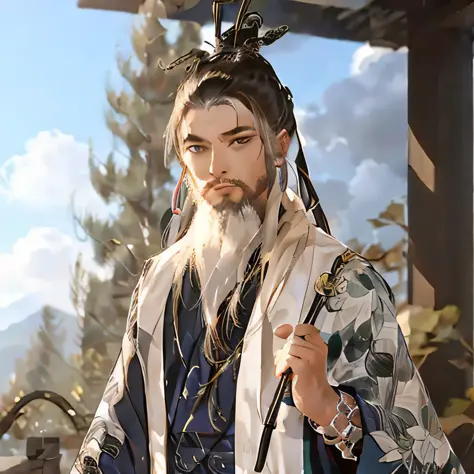 masterpiece,  best quality,   extremely detailed CG, Zen atmosphere,  anime screencap, long beard, 1 boy,  Daoist uniform,  long...