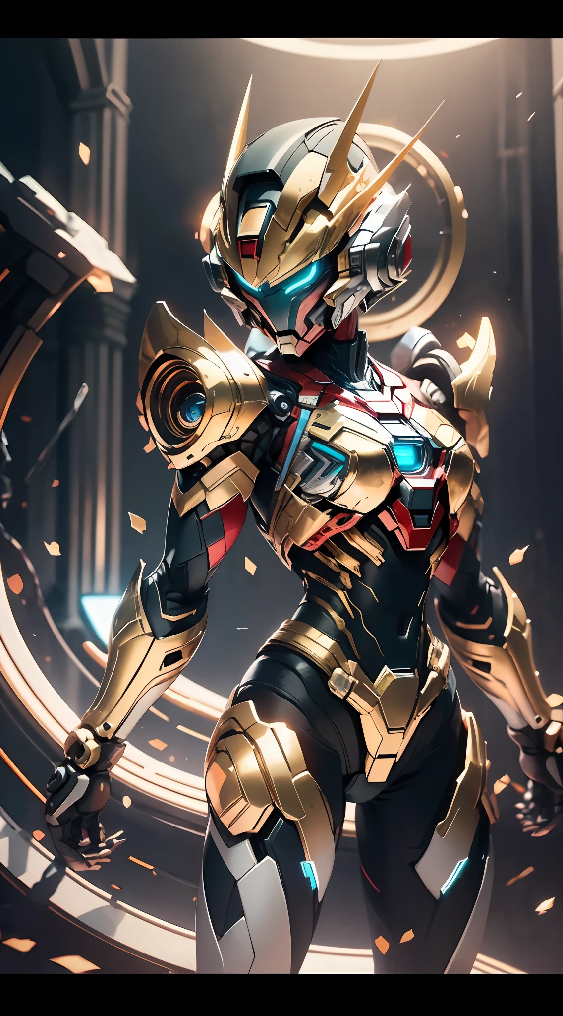 Golden Saint Seiya Limb armure, Cuirasse d&#39;Iron Man du film Marvel, (Gundam 00 Gundam Exia: 1.5), (mecha) (mechanical) (armure), (jambe ouverte: 1.3), parfait, (grand angle), (Fond noir: 1.6), meilleure qualité, chef-d&#39;œuvre, super résolution, (réalité: 1.4), 1 fille, épaules nues, masque éclatant, yeux féroces, détails fous, (Plis de hanche: 1.2), Bas de la poitrine, Coffre latéral, Style de moteur irréaliste, effet boca, David La Chapelle style lens, palette bioluminescente: bleu clair, Or clair, Rose clair, blanc brillant, grand angle, super bien, nature morte cinématographique, vibrant, style sakimichan, yeux parfaits, Qualité d&#39;image la plus élevée 8K, inspiré par Harry Winston, Chef-d&#39;œuvre du Canon EOS R 6 "Chaos 50,--, sous les yeux grain de beauté, tracé laser, surréalisme, Peau texturée