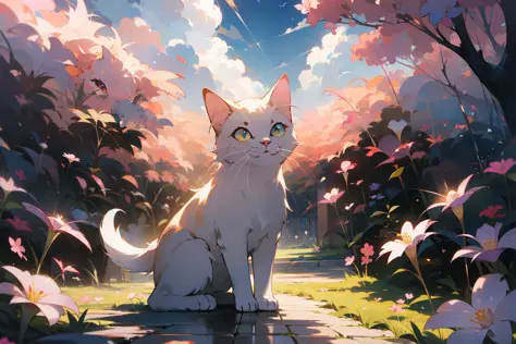 cute white puppet cat, hayao miyazaki dream style, surrealist animal illustration, outdoor, sky, white clouds, bow, pink flower ...