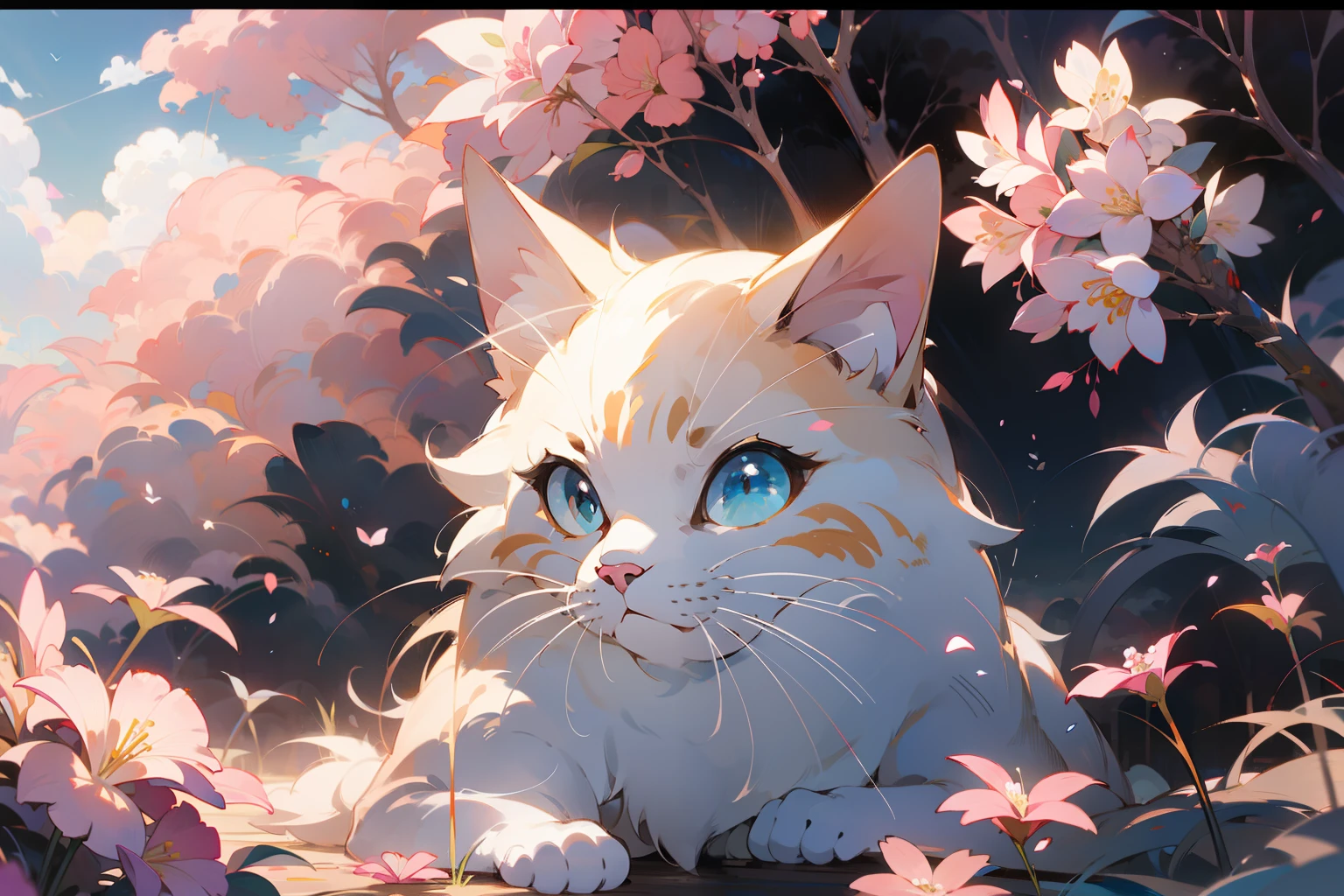 Cute white puppet cat, Hayao Miyazaki dream style, surrealist animal illustration, outdoor, sky, white clouds, bow, pink flower bush, meiji art, light color color painting, rich layers, realistic figurative painting, realistic hyper-detail portrait style, neo-traditional japan, soft edges, fantastic illustration, (very detailed CG unity 8k wallpaper), clean background, natural light, best quality, hyperdetail