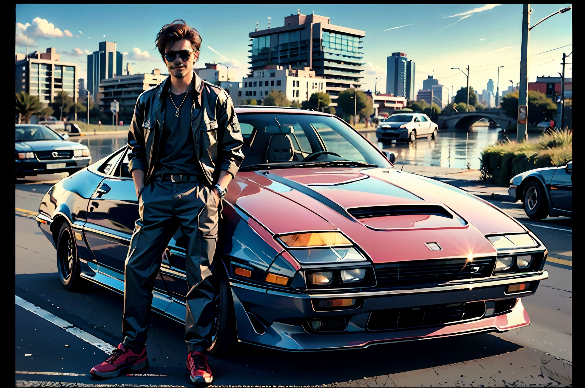 1homem, smile, Eighties, poster,sunglasses, beside a car