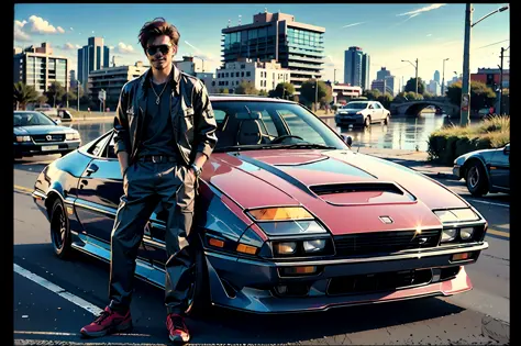 1homem, smile, eighties, poster,sunglasses, beside a car