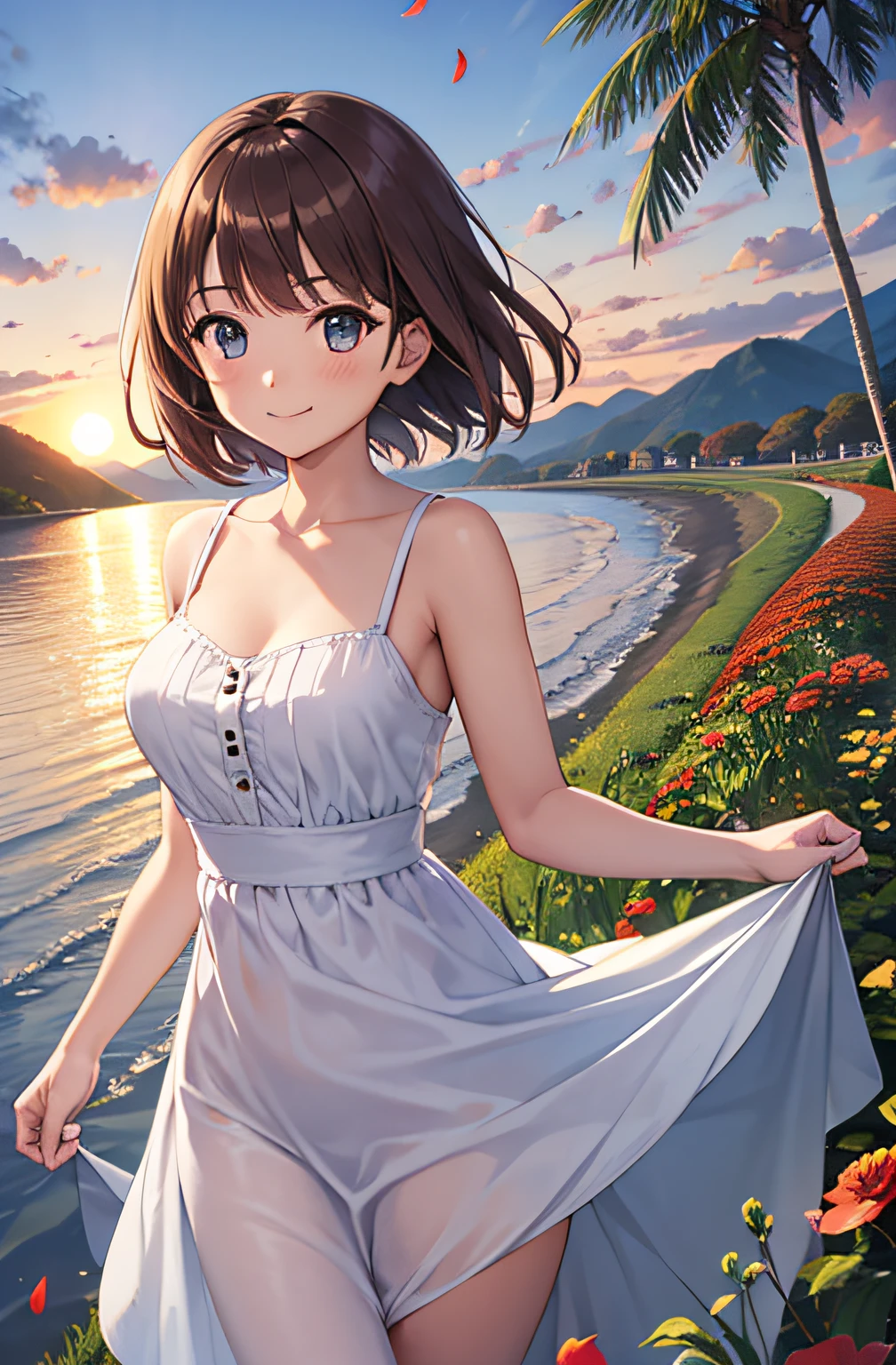 1girl, autumn, autumn_leaves, bangs, beach, blue_sky, blush, breasts, brown_hair, closed_mouth, cloud, cloudy_sky, collarbone, day, dress, field, flower, flower_field, horizon, lake, leaf, looking_at_viewer, mountain, mountainous_horizon, ocean, outdoors, palm_tree, petals, plant, red_flower, short_hair, skirt_hold, sky, smile, solo, standing, sunset, tree, twilight, water, white_dress, perfect eyes