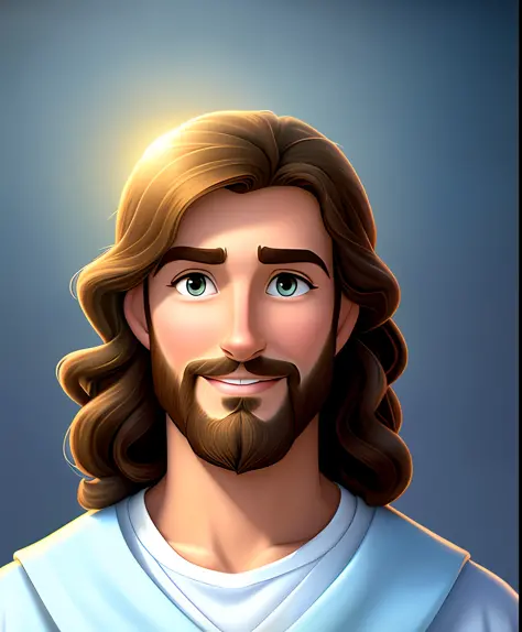 Original art quality, full body picture, Disney character animation style, young and handsome Jesus God, standing posture, hands naturally placed on both sides, looking ahead, gentle expression and smiling, eyes full of light, background light blue, transl...