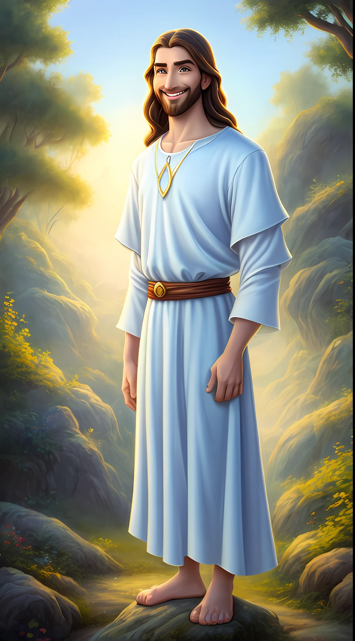 Qualidade de arte original, foto de corpo inteiro, Estilo de animação de personagens da Disney, jovem e bonito Jesus Deus, postura em pé, mãos naturalmente colocadas em ambos os lados, olhando para frente, expressão gentil e sorridente, olhos cheios de luz, fundo azul claro, Translúcido, com luz como tema, o foco da luz está nos personagens, a imagem geral é fresca e brilhante.