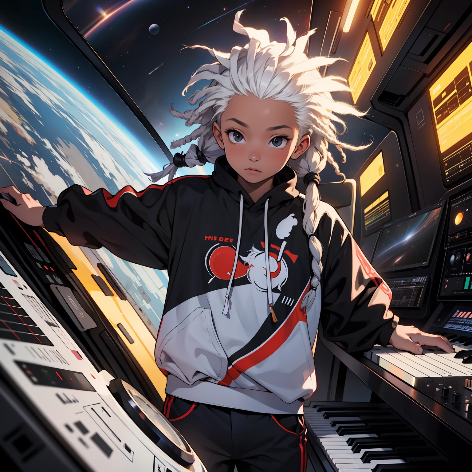 Anime character standing in front of a piano in a space station - SeaArt AI