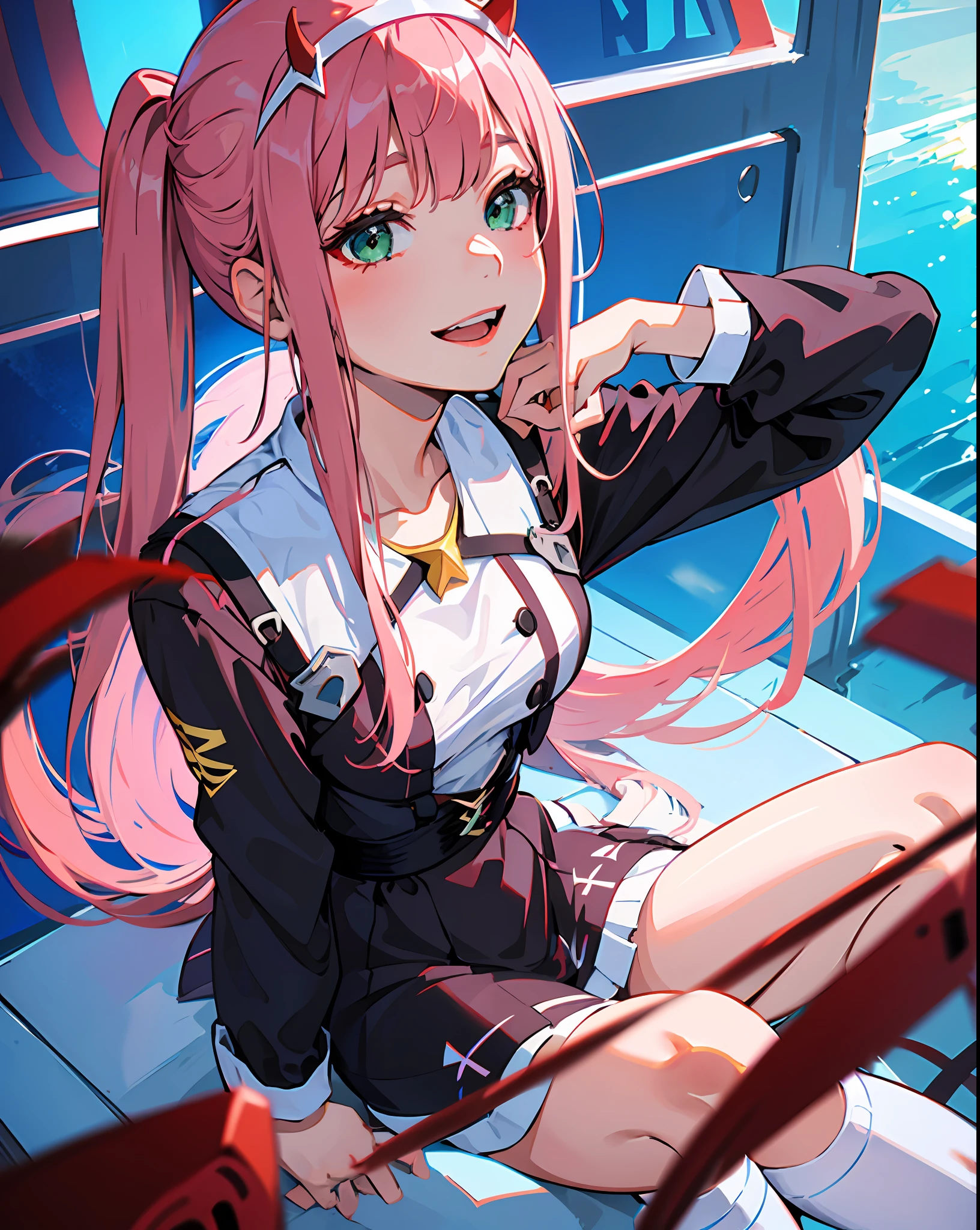 zero two \(darling at franxx\), darling at franxx, 1girl, sitting, smiling, bangs, shadow, green eyes, hair behind head, horns, long hair, makeup, small breasts, big thighs, short long-sleeved shirt, skirt, pink hair, red eyeshadow, science fiction, tight skin, solo