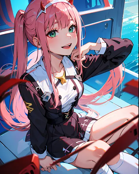 zero two \(darling at franxx\), darling at franxx, 1girl, sitting, smiling, bangs, shadow, green eyes, hair behind head, horns, ...