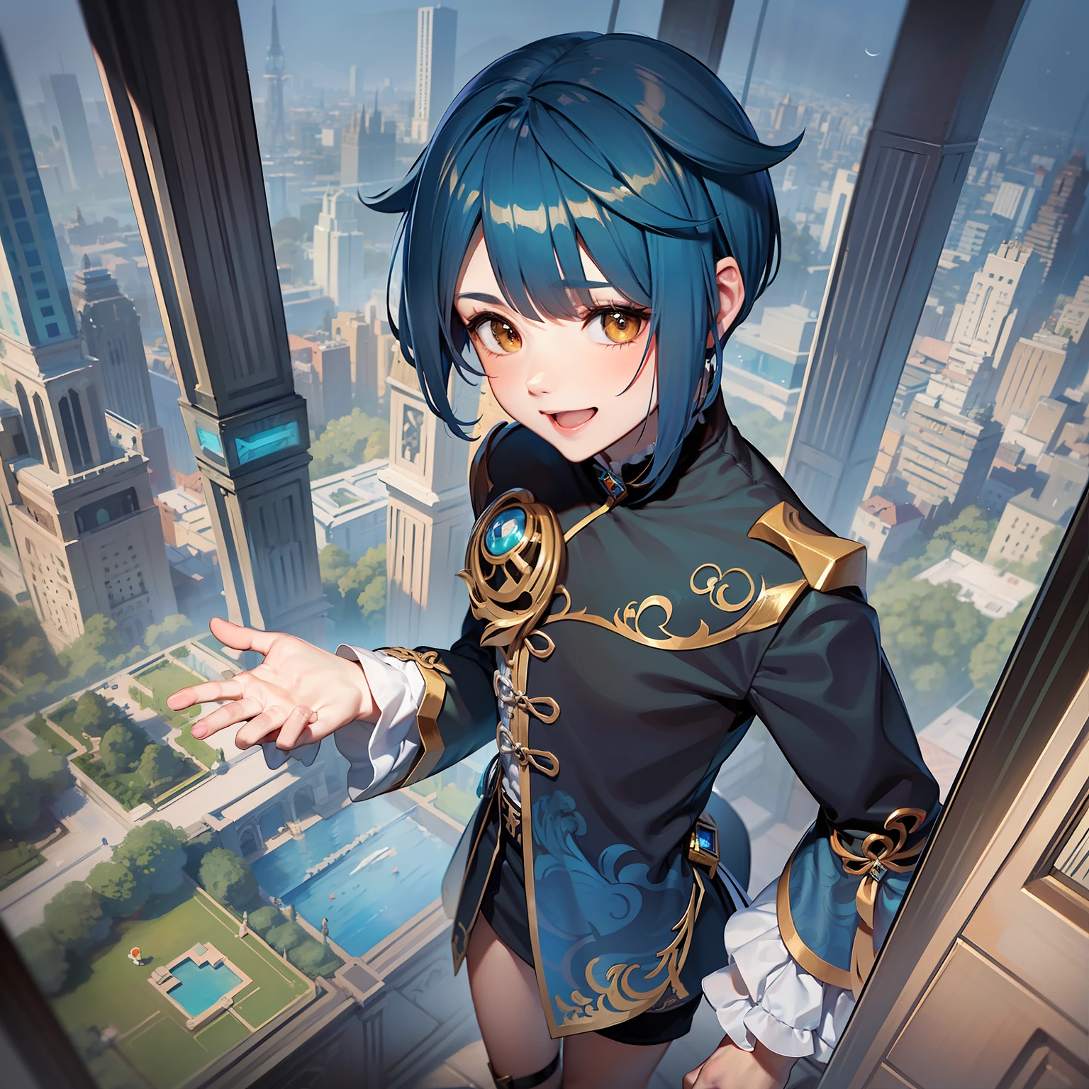 (Giant), young (mean) cute boy prince standing on a (small planet), genshin impact, Genshin Impact, game character, video game, (Xingqiu), short blue hair, laugh, looking at viewer, close-up, Masterpiece, (atmospheric perspective), from above,