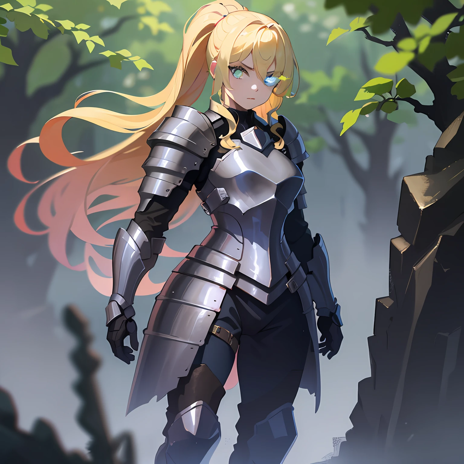 masterpiece, highres, ultra detailed, a very beauiful and delicate picture, a full body picture of a woman in armour, blonde hair, very long hair, ponytail, blue eyes, blue full armour, medieval, simple background, grey background, face focus, 64 bits, very beautiful and delicate girl, cute girl, (flaming eye, eye trail, yellow eye trail, single eye trail), standing, professional, depth of field, blurry, digital art, illustration, masterpiece, 1080P, highres, 4K, anatomically correct