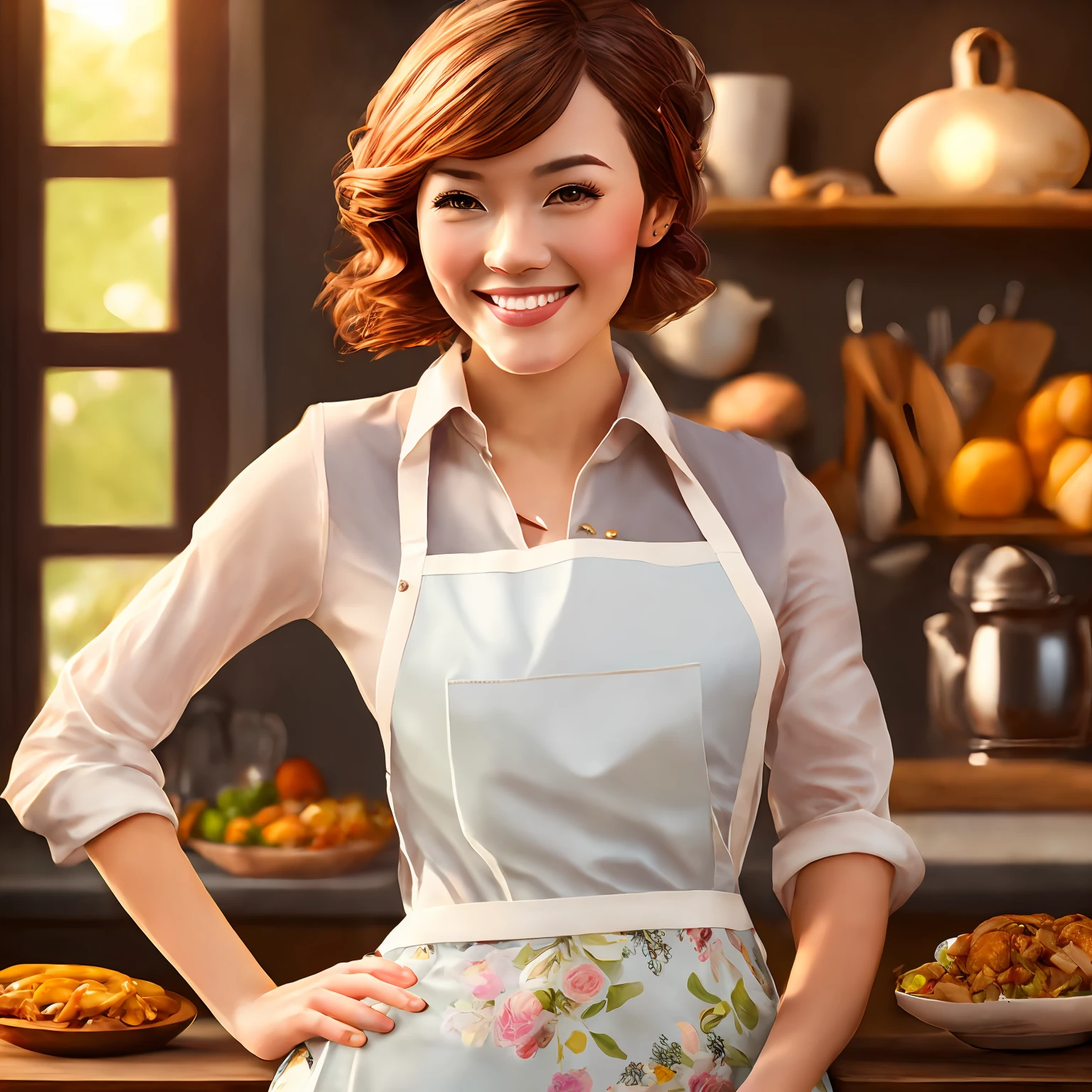 Close-up portrait of a playful maid, cut short hair, nature, apron, amazing body, obvious feminine features, kitchen, [gray blonde | ginger | pink hair], flirting with camera, Tyndall light, windows, delicious food --auto