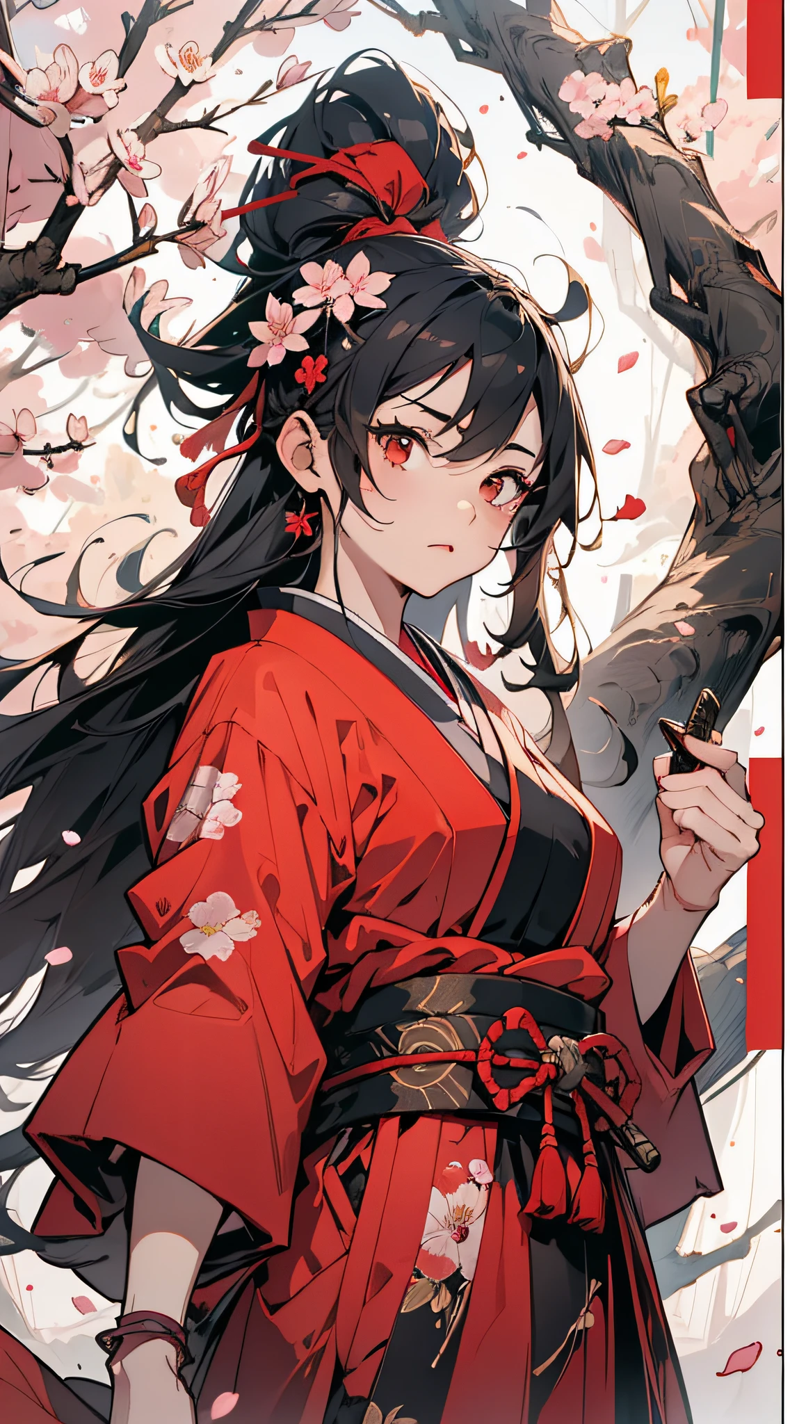 大师杰作, 超高解析度, 完美的畫質, (水墨风格,) 战士, 一個女孩, 蒙住眼睛, 眼帶, 红色的衣服, 日本服裝, 日本刀, 櫻花, 花瓣, 花朵, 花朵,