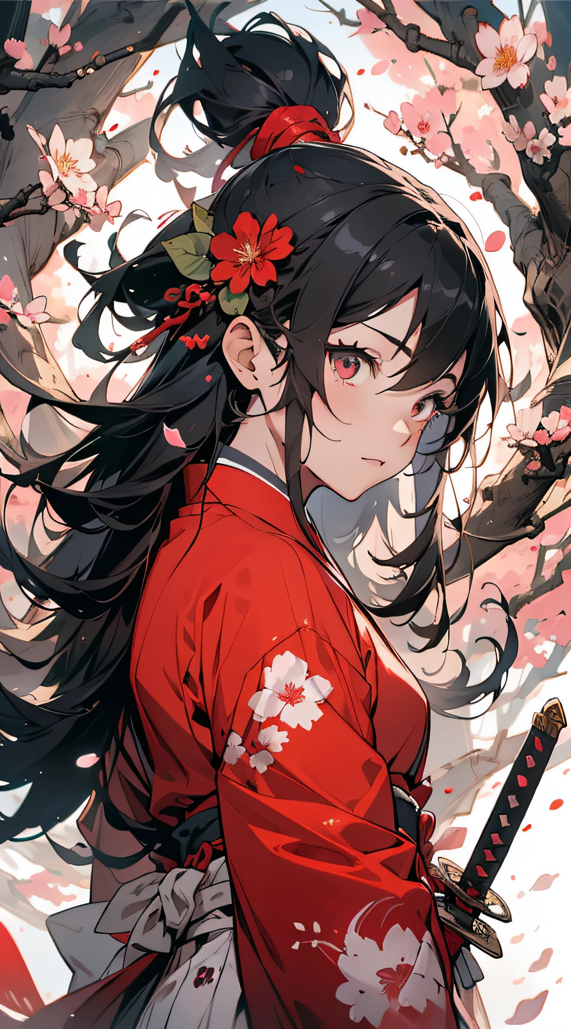 大师杰作, 超高解析度, 完美的畫質, (水墨风格,) 战士, 一個女孩, 蒙住眼睛, 眼帶, 红色的衣服, 日本服裝, 日本刀, 櫻花, 花瓣, 花朵, 花朵,