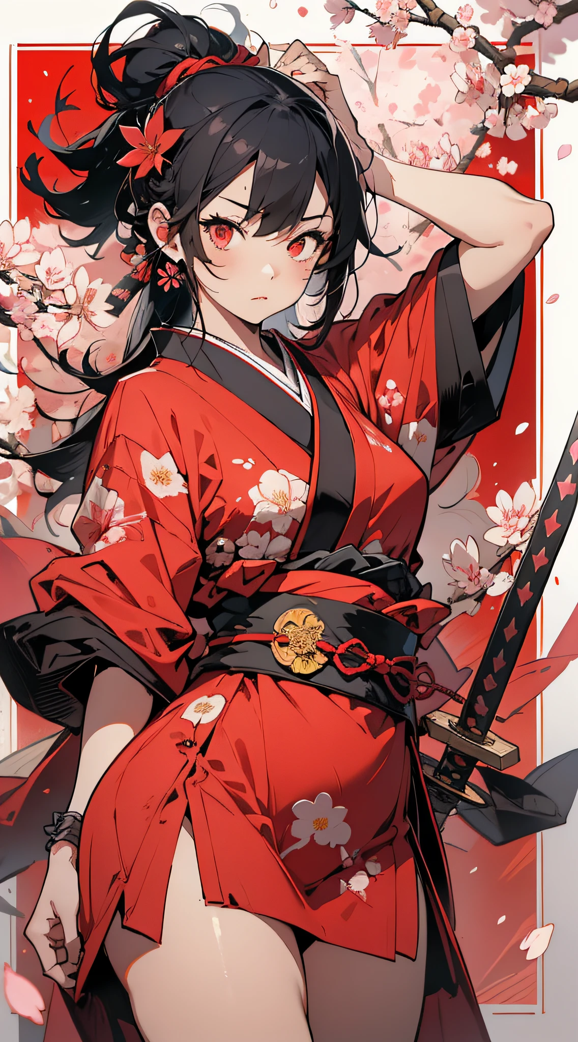 大师杰作, 超高分辨率, 完美画质, (水墨风格,) 战士, 一个女孩, 蒙上眼睛, 眼带, 红色的衣服, 日本服装, 日本刀, 樱花, 花瓣, 花朵, 花朵,