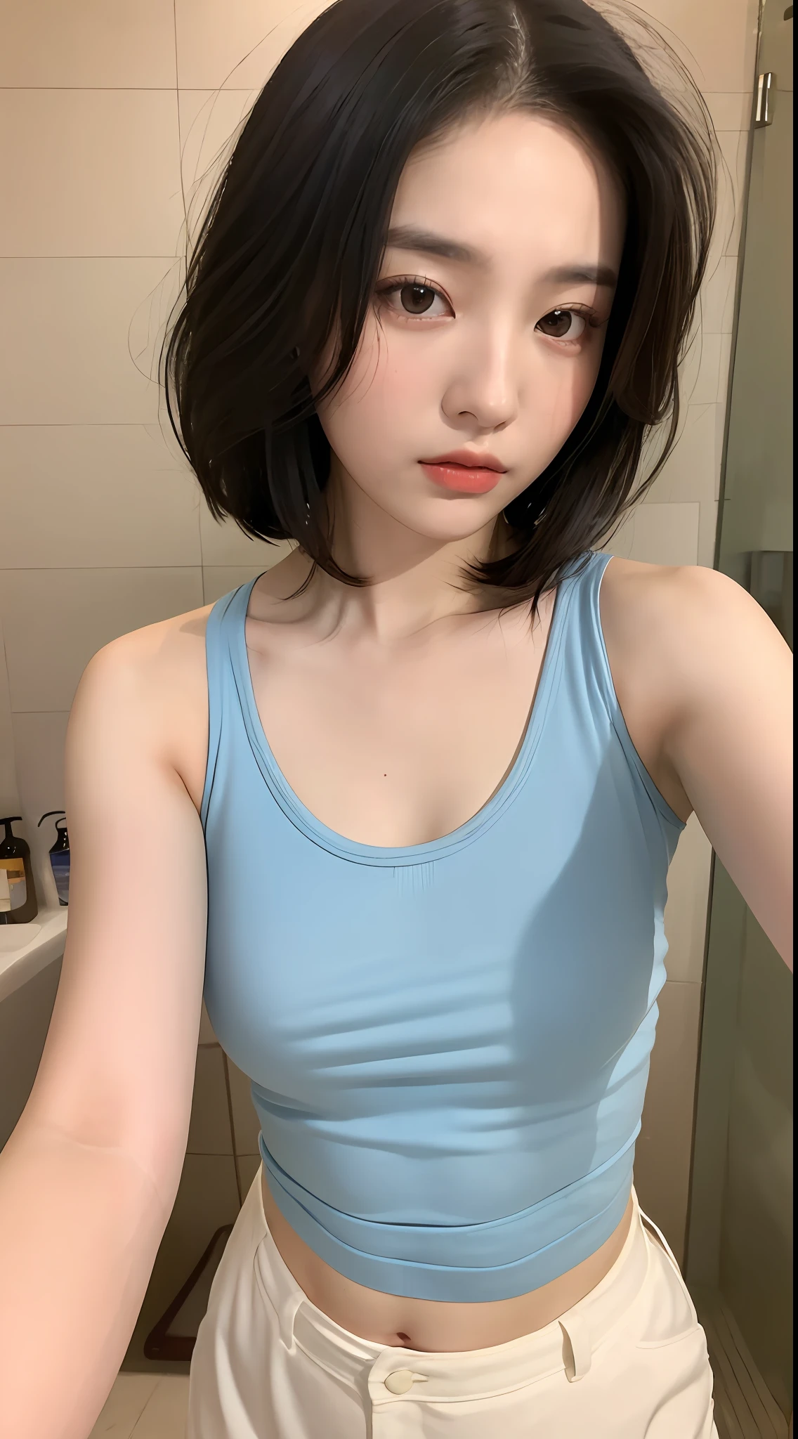 ((Best quality, 8k, Masterpiece :1.3)), Sharp focus:1.2, Perfect Body Beauty:1.4, Slim Abs:1.2, (Layered hairstyle: 1.2)), (Tank top shirt:1.1), (Bathroom:1.2), Highly detailed face and skin texture, Fine eyes, Double eyelids