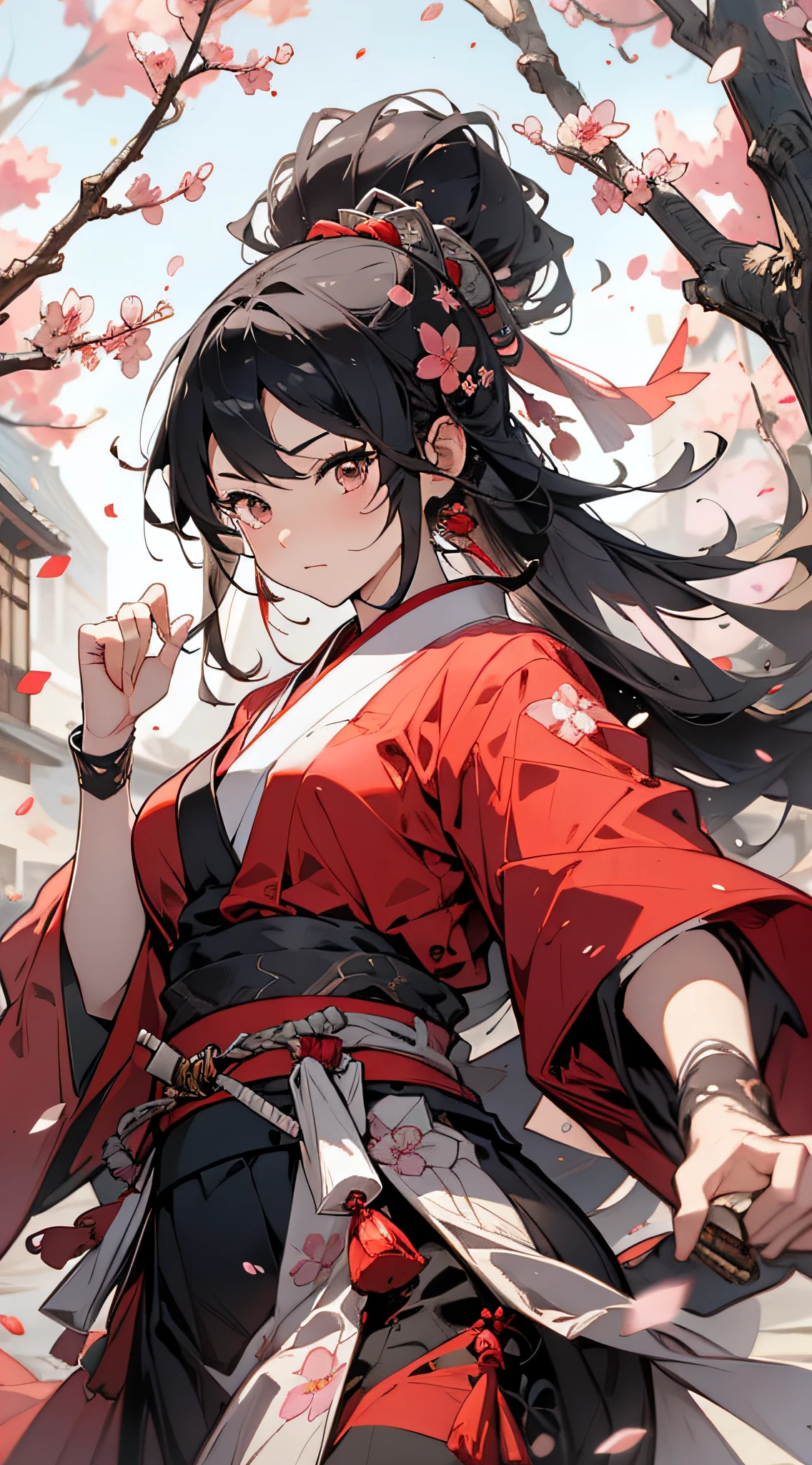 Masterpiece, super high resolution, perfect picture quality, ink style, chivalrous girl, red Japanese costume, holding a Japanese sword, dancing, cherry blossoms falling, petals flying, silver bells jingling, fascinating.