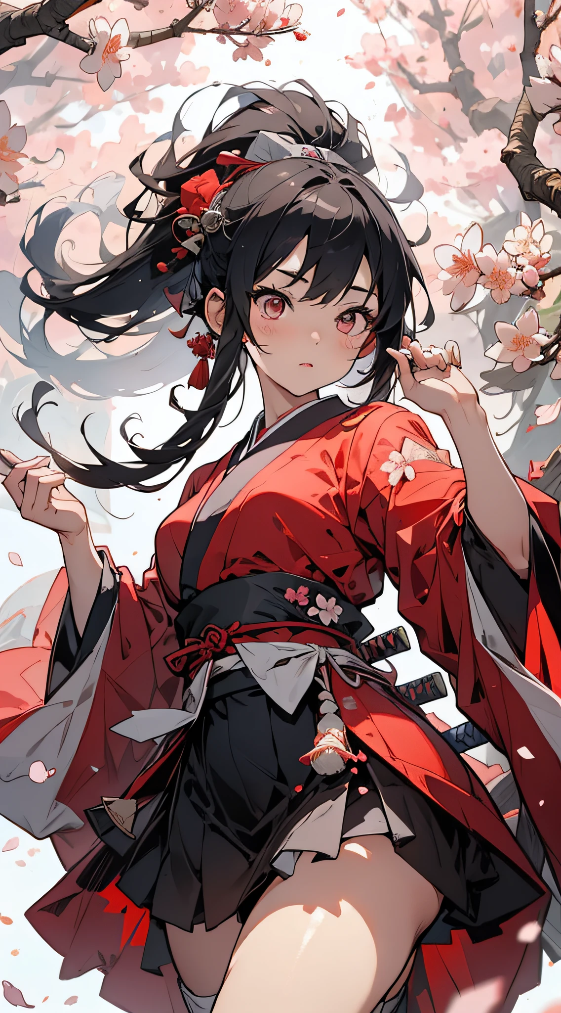 Masterpiece, super high resolution, perfect picture quality, ink style, chivalrous girl, red Japanese costume, holding a Japanese sword, dancing, cherry blossoms falling, petals flying, silver bells jingling, fascinating.