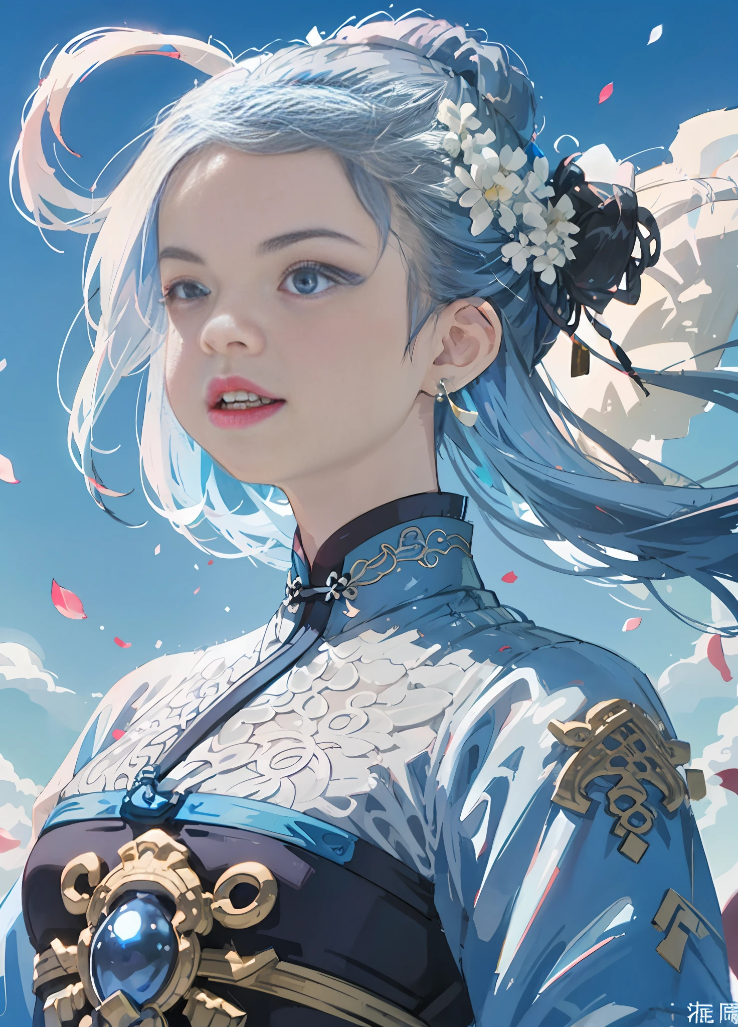 10-year-old girl with blue hair color, floating hair, delicate and flexible eyes, intricate damask Hanfu, gorgeous accessories, wearing pearl earrings, FOV, f/1.8, masterpiece, ancient Chinese architecture, blue sky, flower petals flying, front portrait shot, Chang'e, side lighting, sunlight shining on people