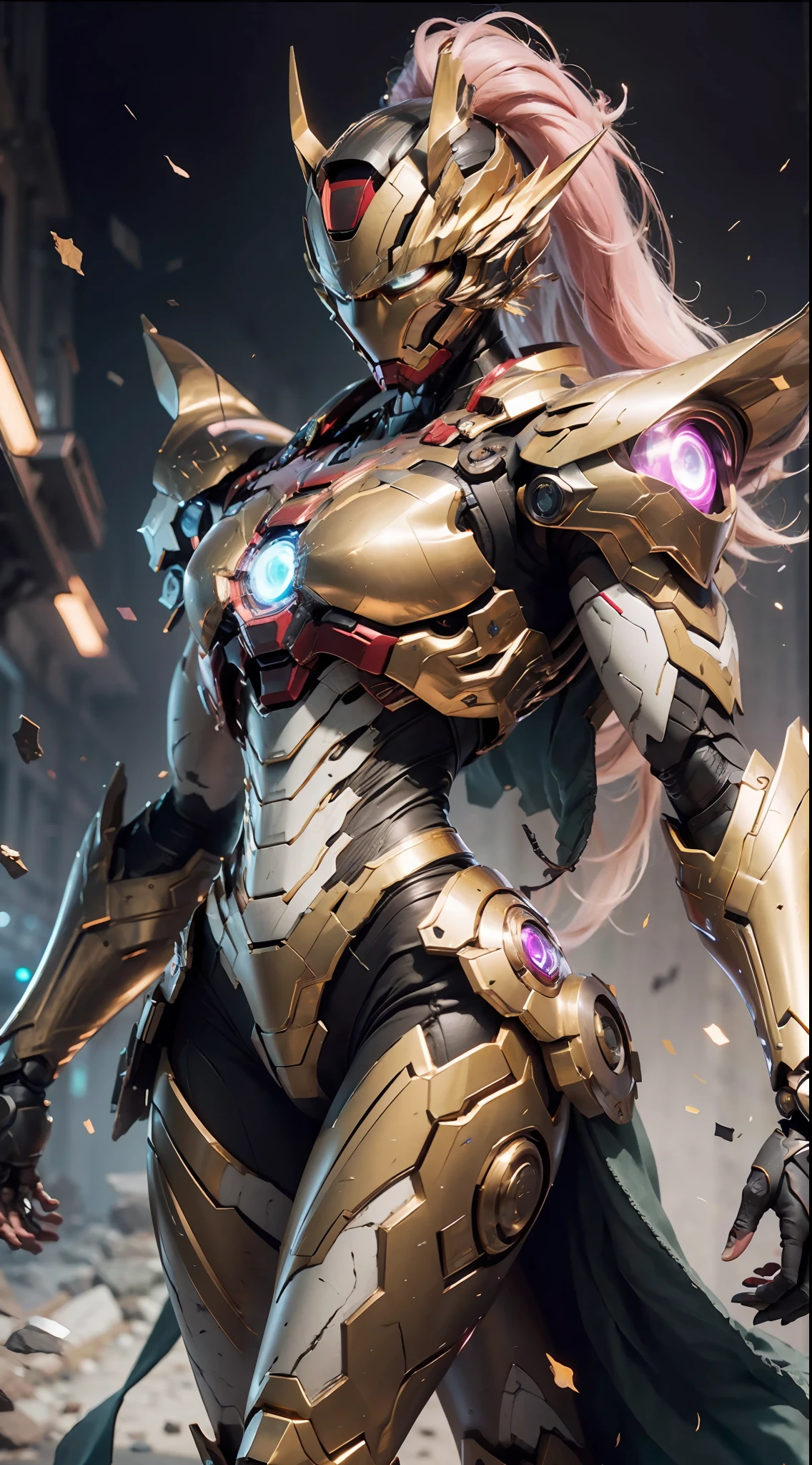 Ein Foto einer Drachenprinzessin, Goldene Saint-Seiya-Gliedmaßenrüstung, Brustpanzer von Marvel Movie Iron Man, (bis zu 00 Gundam Exia: 1.5), (Mecha) (mechanisch) (Rüstung), (Offenes Bein: 1.3), perfekt, (weiter Winkel), (Schwarzer Hintergrund: 1.6), beste Qualität, Meisterwerk, Superauflösung, (Wirklichkeit: 1.4), 1 Mädchen, nackten Schultern, verrückte Details, (Hüftfalten: 1.2), Untere Brust, seitliche Brust, Unrealistischer Motorstil, Boca-Effekt, Objektiv im David-La-Chapelle-Stil, biolumineszierende Palette: hellblau, Hell Gold, Hell-Pink, helles Weiss, weiter Winkel, super fein, filmisches Stillleben, beschwingt, Sakimichan-Stil, perfekte Augen, höchste Bildqualität 8K, inspiriert von Harry Winston, Canon EOS R 6 – Meisterwerk der Fotografie" Chaos 50,--, Muttermal unter den Augen, Raytracing, Surrealismus, strukturierte Haut --s2