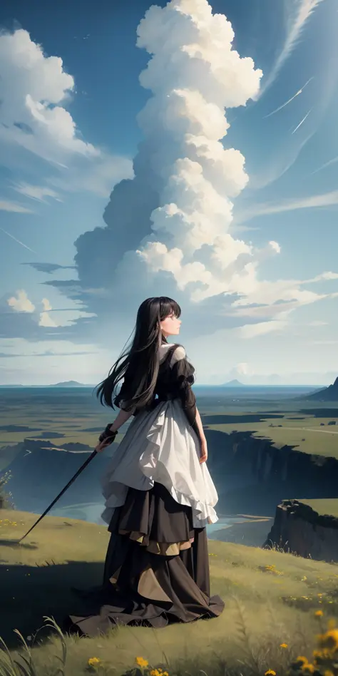 woman with long, flowing black hair and hypnotic turquoise eyes, standing on a mountaintop at sunset, looking out towards the horizon with gratitude and hope in her heart.