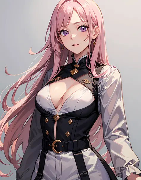 ((best quality, Masterpiece)) 1 woman, matured anime woman, longsleeve noble outfit, aristocrat, long hair, pink hair, purple eyes, pale skin, plain white background, waist up shot, arms down, relaxed face, detailed face, negative spaces on the side