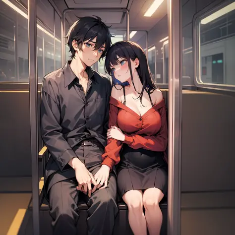 A couple in couple costumes are in the back of the bus, talking angrily with an angry expression, at night