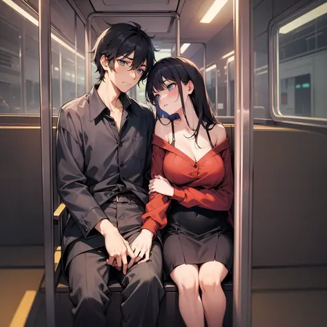 a couple in couple costumes are in the back of the bus, talking angrily with an angry expression, at night