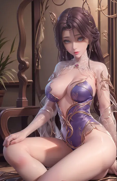 Sexy seductive lady, 30 years old, peach blossom eyes, smoky makeup, silk high-forked hanfu, stiletto heels, (bare legs), provocative expression, sitting on a throne, striped hair, black hair, moles under the eyes, makeup, anime style, seductive smile, kin...