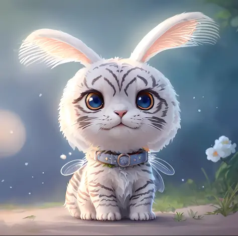 There is a white tiger wearing rabbit ears and collar, detailed and cute digital art, cartoonized rabbit image, cute form render...