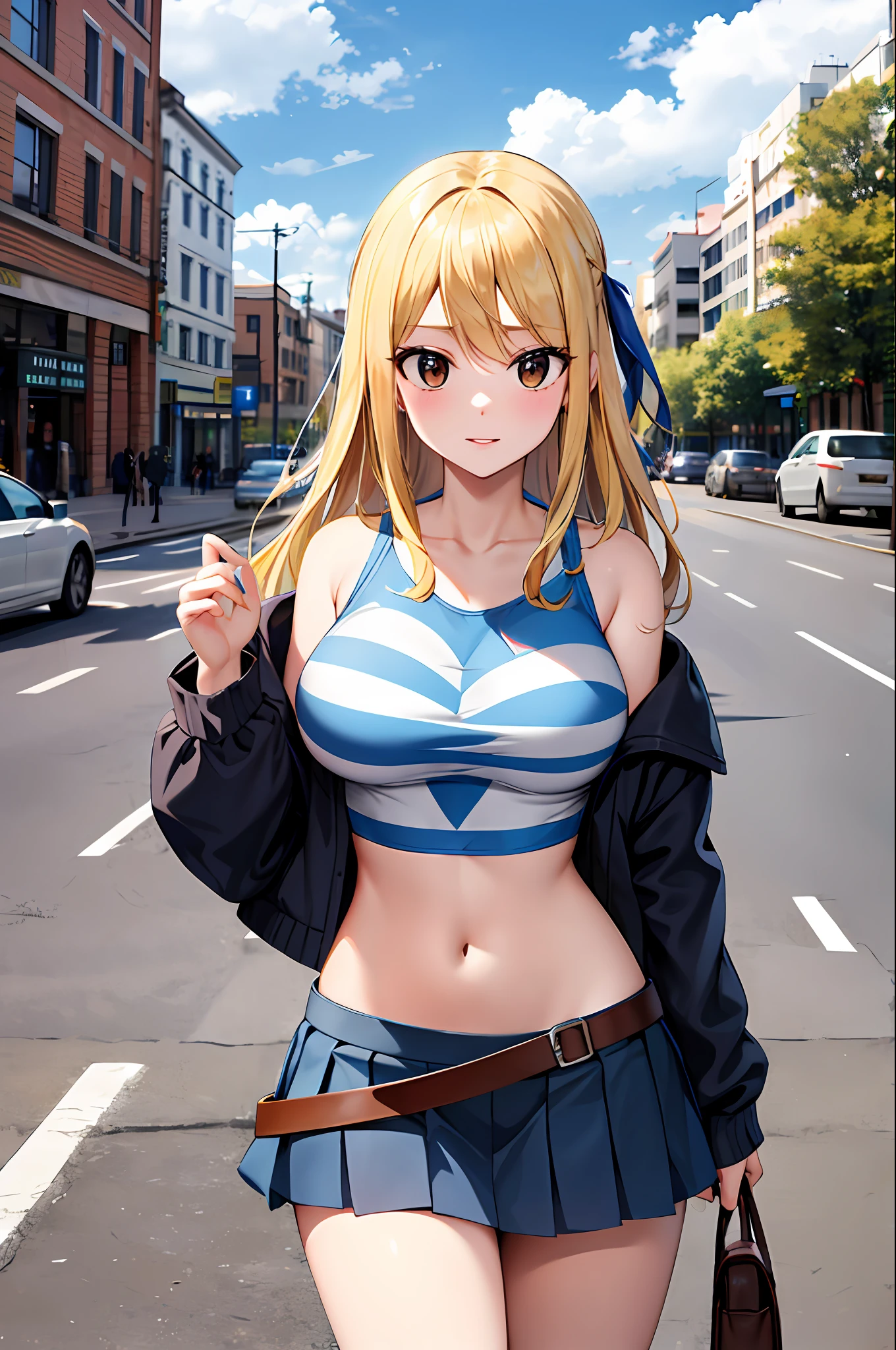 masterpiece, best quality, highres, lucy heartfilia, blonde hair, long hair, large breasts, jacket, crop top, bare shoulder, show stomach, belt, pleated skirt, cowboy shot, standing, looking at viewer, city road, outdoor, modern city road,