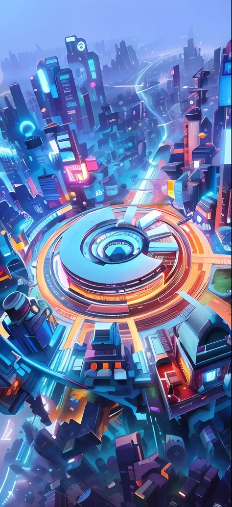 a close up of a city with a circular clock on it, 4k solarpunk wallpaper, futuristic art style, futuristic digital art, colorful...