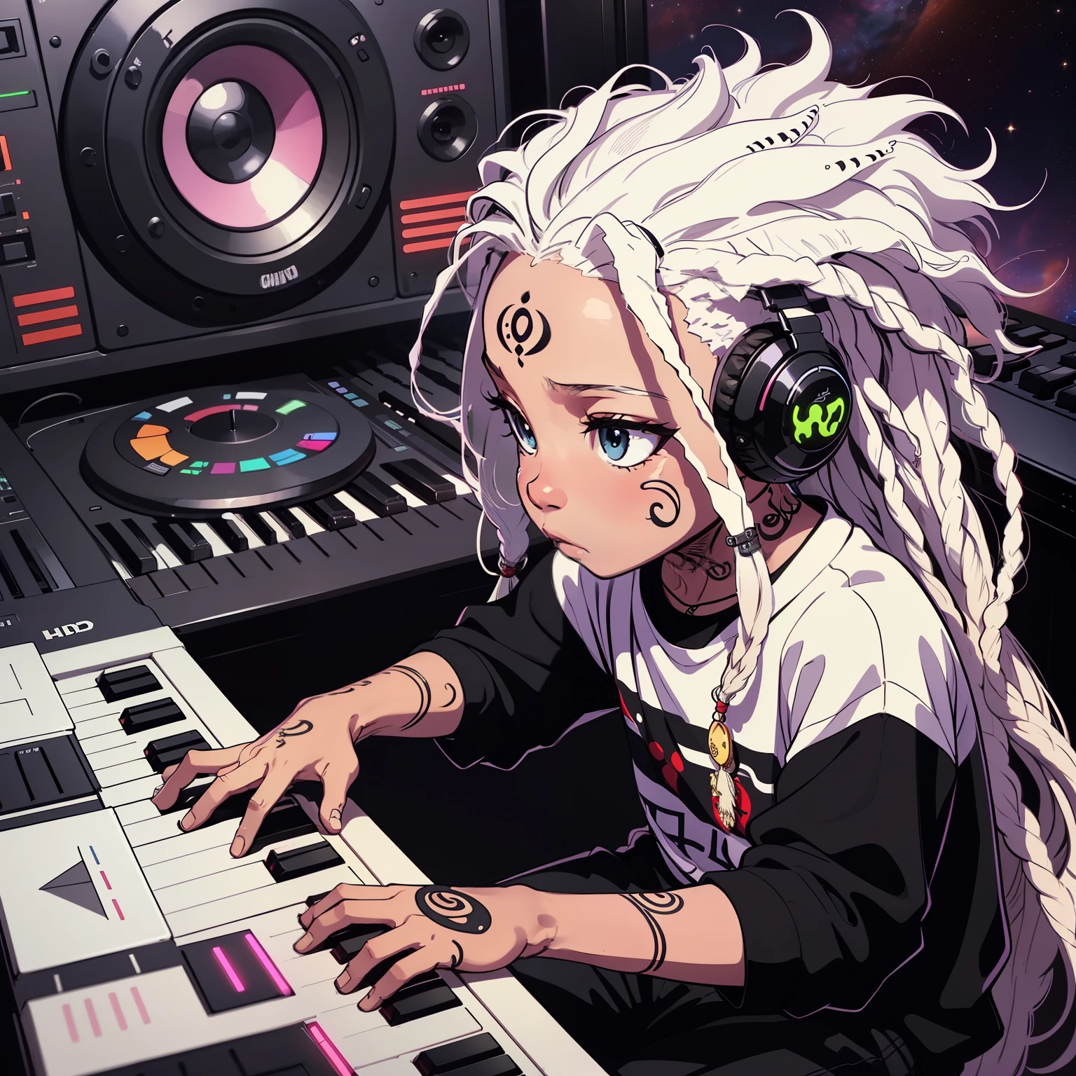 Anime girl with headphones playing music on a synthesizer - SeaArt AI