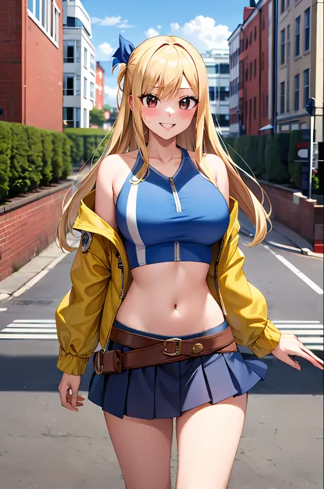 masterpiece, best quality, highres, lucy heartfilia, blonde hair, long hair, large breasts, jacket, crop top, bare shoulder, sho...