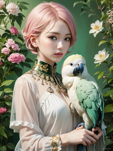 hyper-realistic oils, A fashion magazine，(a pure white parrot)，Short ...