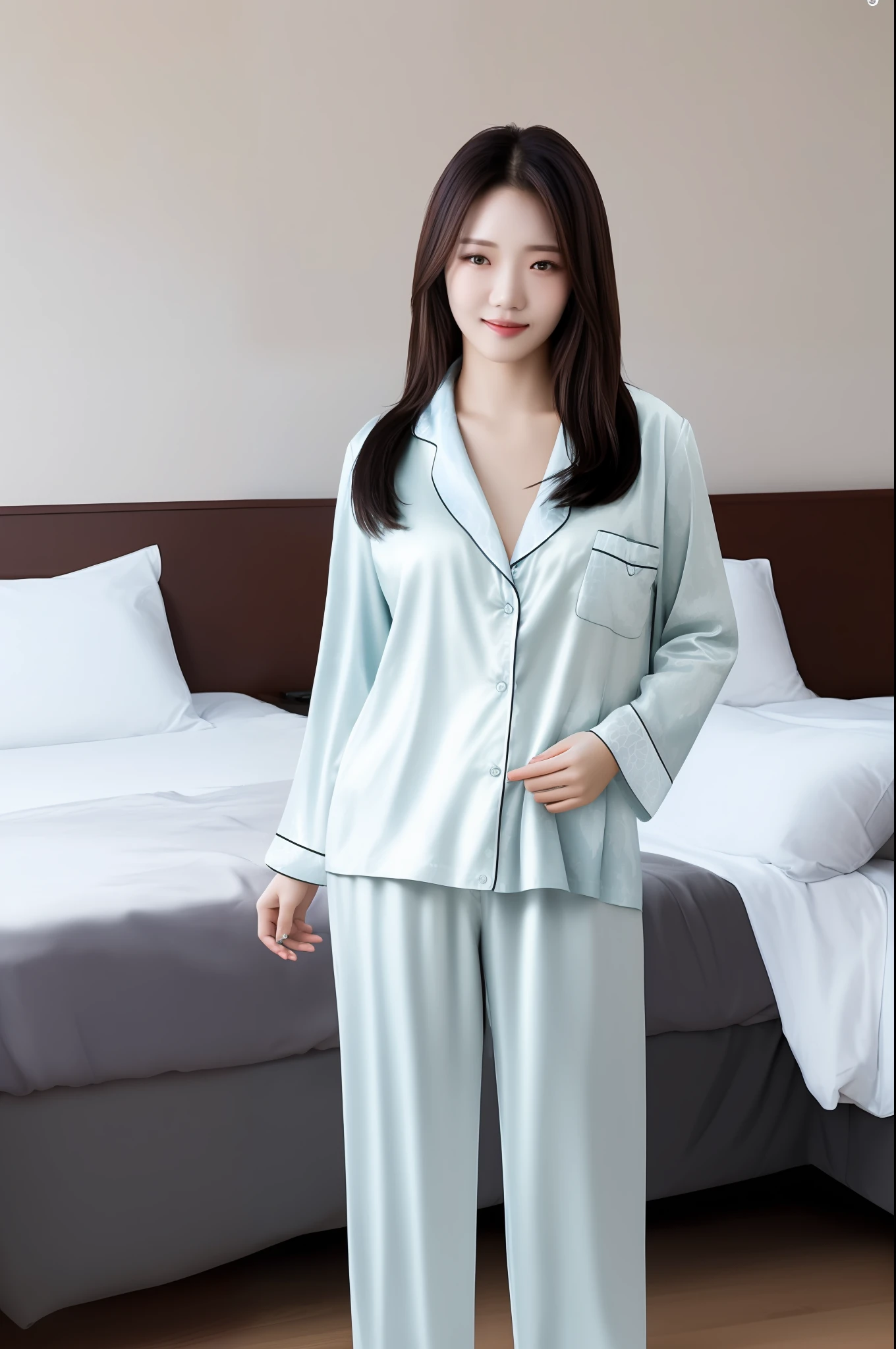 Jisun,(pov:1.1),RAW photo,physically-based rendering,(8k, best quality, masterpiece:1.2),(full body shot:1.4),octane render,extremely detailed CG unity 8k wallpaper,studio soft light, rim ligh,in hotel,bed,cozy room,sunlight,(a girl is wearing pajama:1.5),hyper realistic detail shiny skin,ultra detailed,(ultra realistic:1.5),(looking at viewer:1.2),(intricate:1.2),(photorealistic:1.4),1girl,(skinny:1.3),detailed background