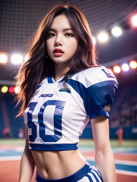 Masterpiece, superlative, realistic, Jennie wearing trendy football uniform, HD, photography and lighting, 16k