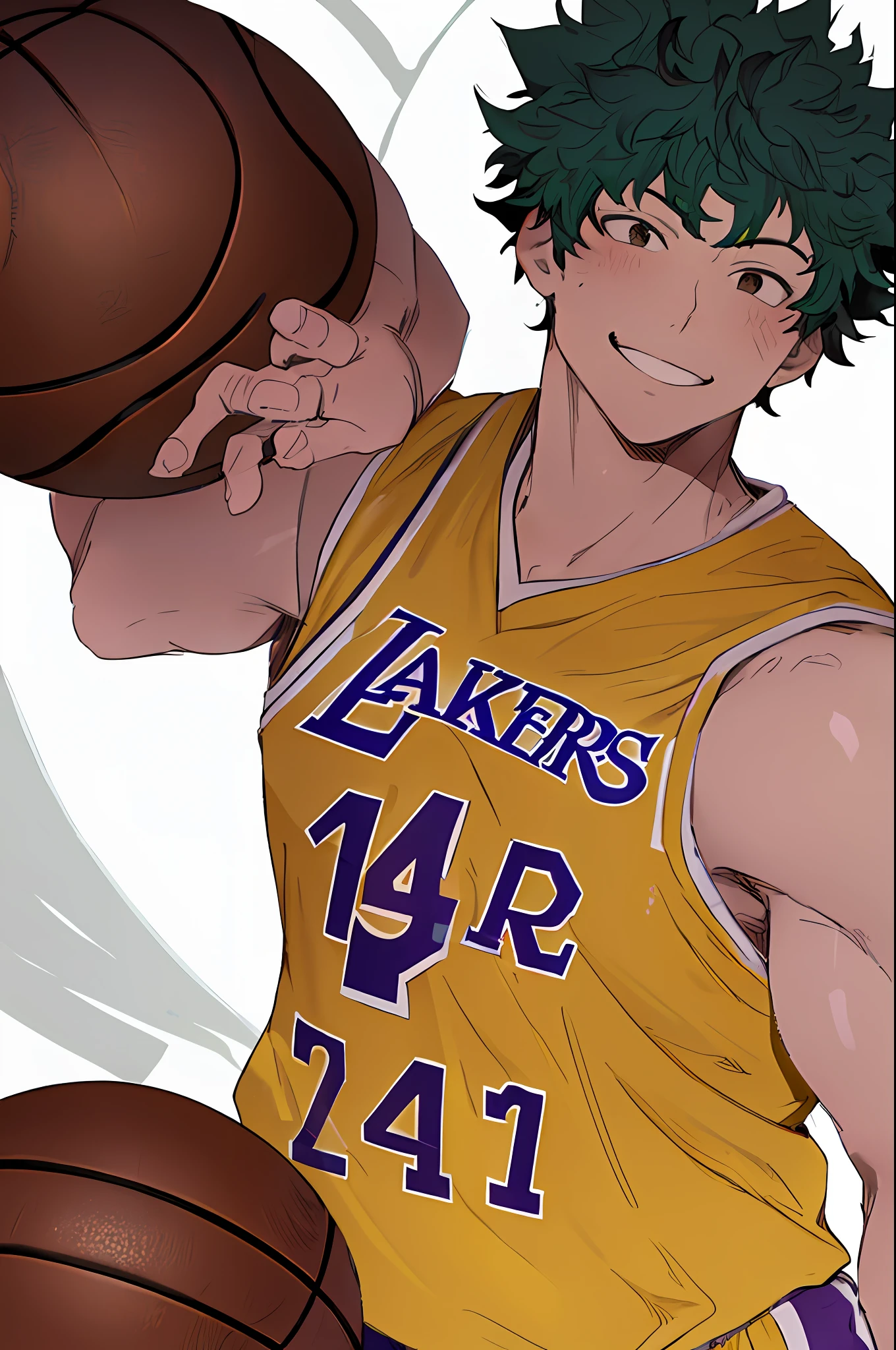 (best quality, masterpiece1.2), detailed, 1boy, solo, looking at viewer, simple background, upper body,
dynamic pose, smile, man basketball player uniform Los Angeles Lakers, NBA, mature man, muscular man, male face1:1, smile, ((detailed eyes)), midoriya izuku, short curly strong black hair, brown eyes, white lightning,