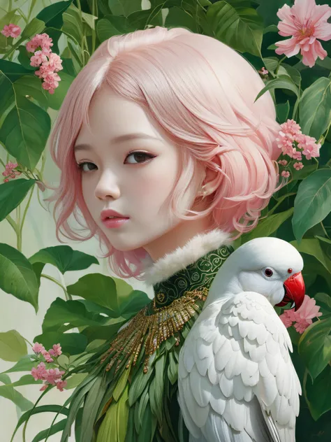 hyper-realistic oils, A fashion magazine，(a pure white parrot)，Short ...