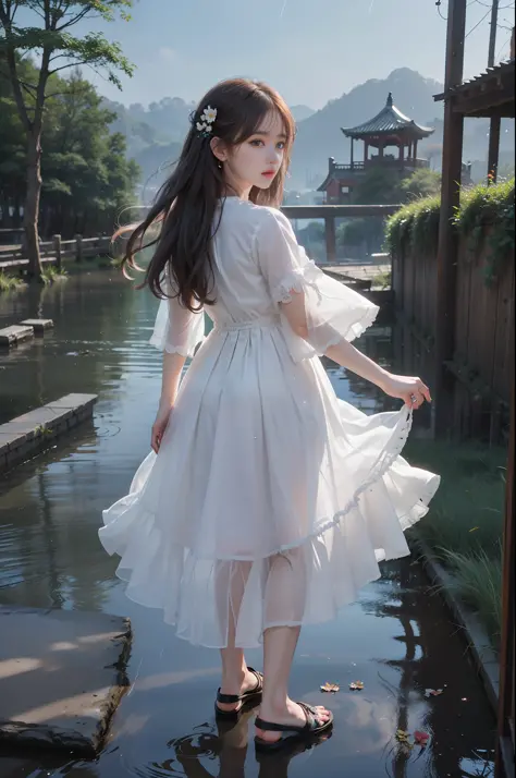 (8k, RAW photo: 1.2), highest quality, ultra high resolution, full body, (fluttering detailed color splash), (illustration), (one girl))), (long hair), (rain: 0.9), (hair ornament: 1.4), there is an ancient palace beside a woman, dress, (focus), color ink ...