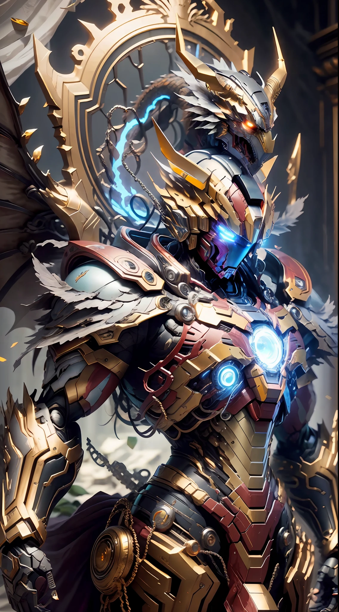 A Dragon Emperor on the Throne, (Throne), Golden Saint Seiya Limb Armor, (Dragon Symbol: 1.5), Marvel Movie Iron Man Breastplate, (Gundam 00 Gundam Exia: 1.5), (Mecha) (Mechanical) (Armor), (Open Leg: 1.3), Perfect, (Wide Angle), (Black Background: 1.6), Best Quality, Masterpiece, Super Resolution, (Reality: 1.4), bare shoulders, crazy details, (hip folds: 1.2), lower chest, side chest, unrealistic engine style, Boca effect, David La Chapelle-style lens, bioluminescent color palette: light blue, pale gold, pale pink, bright white, wide angle, ultra-fine, cinematic still life, vibrant, Sakimichan style, perfect eyes, highest image quality 8K, inspired by Harry Winston, Canon EOS R 6 shooting masterpiece "Chaos 50." ,--, under eye mole, ray tracing, surrealism, textured skin --s2