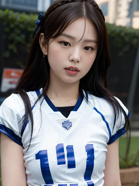 Masterpiece, superlative, realistic, Jennie wearing trendy football uniform, HD, photography and lighting, 16k