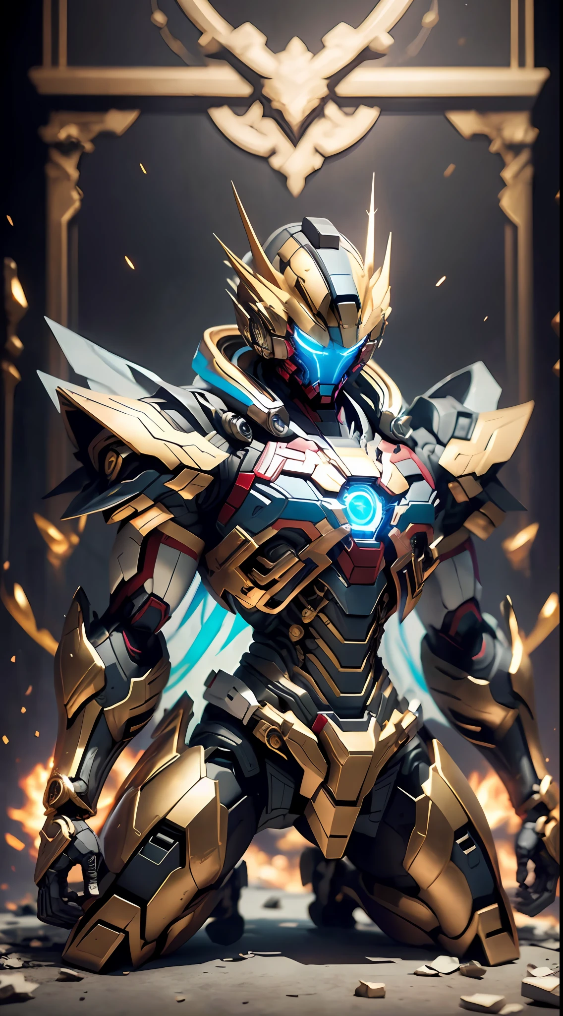 Golden Saint Seiya Limb armadura, Marvel Movie Iron Man Cuirass, (Gundam 00 Gundam Exia: 1.5), (mecha) (mechanical) (armadura), (pierna abierta: 1.3), Perfecto, (gran angular), (fondo negro: 1.6), mejor calidad, Obra maestra, súper resolución, (realidad: 1.4), 1 chico, hombros anchos, Ojos fríos, detalles locos, (pliegues de cadera: 1.2), parte inferior del pecho, manos cruzadas en la cintura, estilo de motor poco realista, efecto boca, David S. El estilo de lente de la capilla, paleta bioluminiscente: azul claro, Luz de oro, blanco brillante, gran angular, ultra-fine, bodegón cinematográfico, vibrante, estilo sakimichan, ojos perfectos, máxima calidad de imagen 8K, inspirado en harry winston, Obra maestra de disparo de Canon EOS R 6 "Caos 50,--, lunar debajo del ojo, trazado de rayos, surrealism, piel texturizada, brillo metalico, frente al espectador